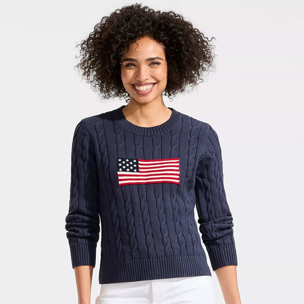 Lands End American Flag Drifter Cable Sweater 2X Navy Blue Americana Patriotic